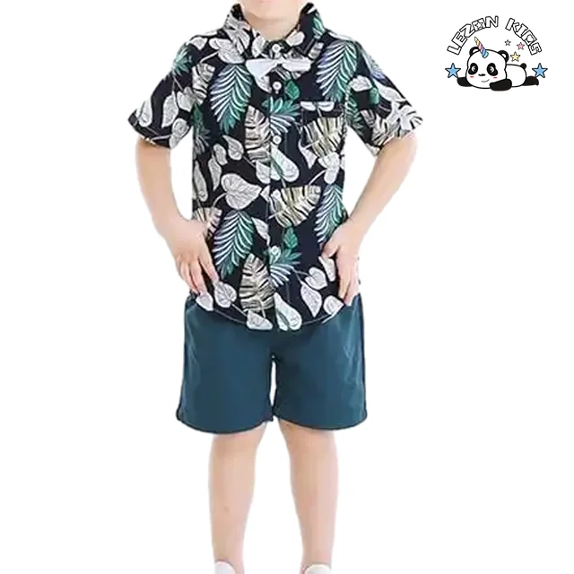 2024 Hot Sale 2 Piece Outfits Hawaiian Shorts Sets Button Down Short Sleeve Shirt and Shorts for boys - Product Image