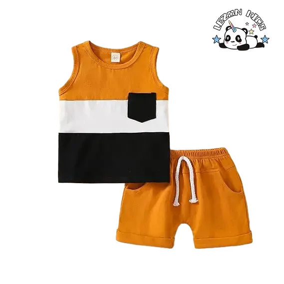2024 Hot Sale Color Block Sleeveless Tops and Casual Shorts Summer Boys Clothing Set