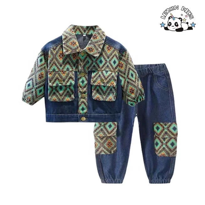 Boys' Autumn Suit New Fashionable Kids' Two Pieces Clothing Casual Baby Checked Denim Pant Set