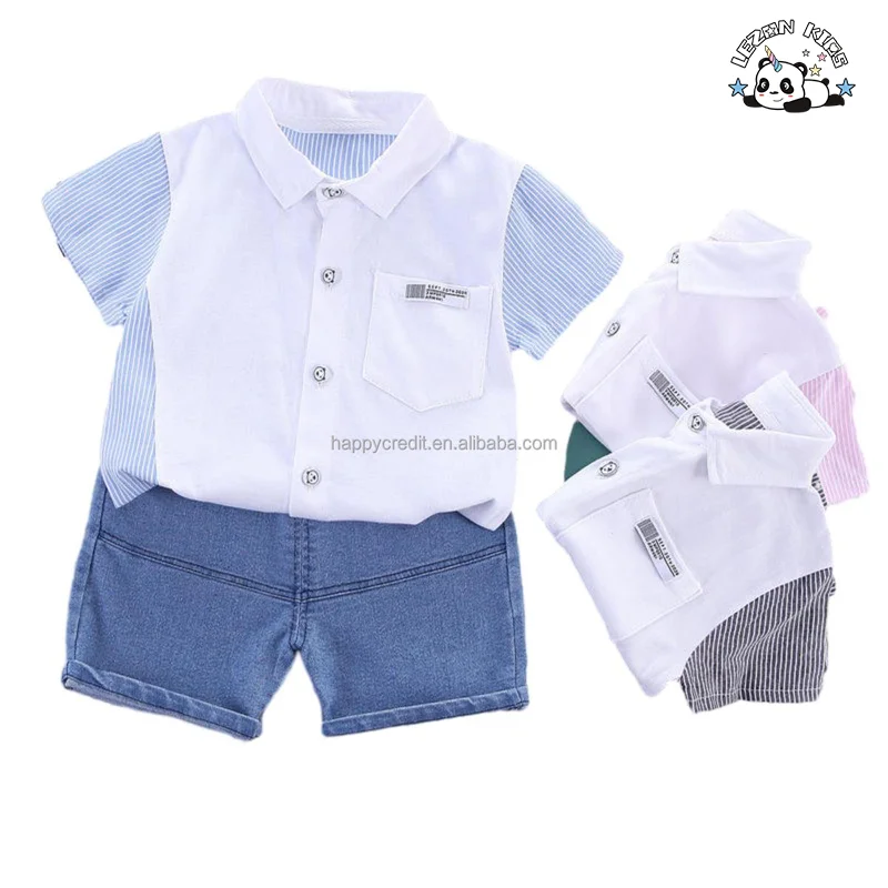 Casual Lapel Striped Shirt Little Kids Denim Shorts Two Piece Set Boys Clothing Set for Summer