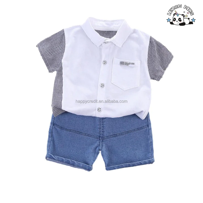 Casual Lapel Striped Shirt Little Kids Denim Shorts Two Piece Set Boys Clothing Set for Summer - Product Image
