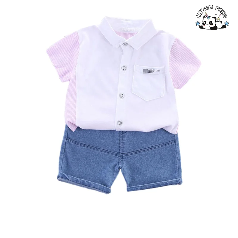 Casual Lapel Striped Shirt Little Kids Denim Shorts Two Piece Set Boys Clothing Set for Summer - Product Image