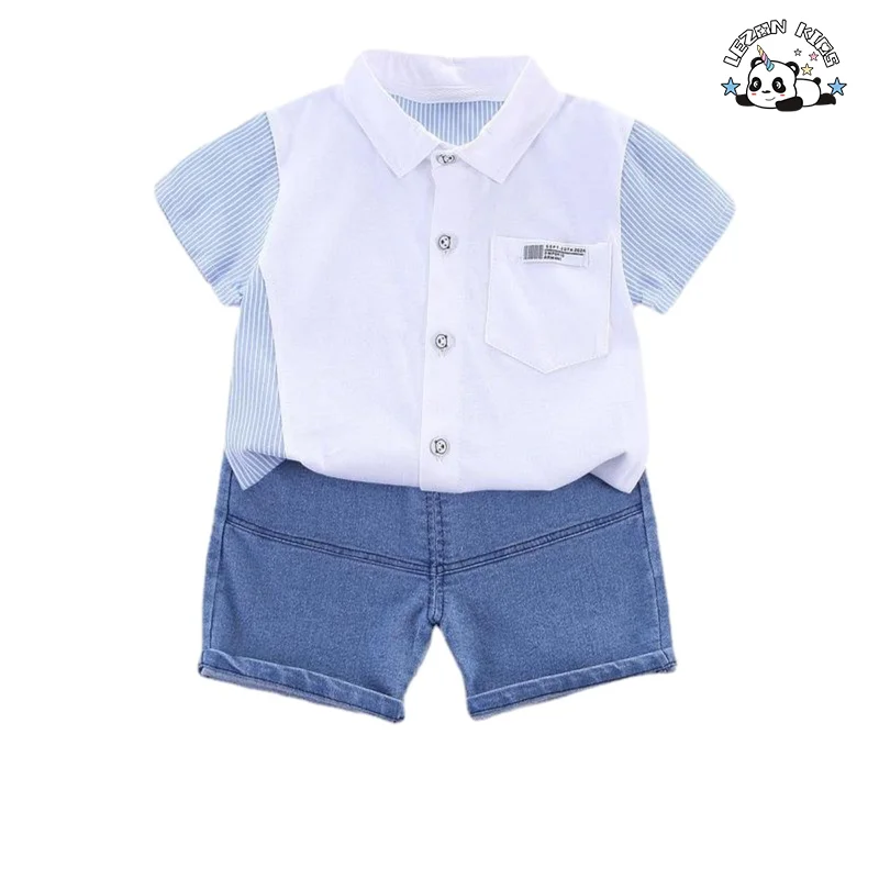 Casual Lapel Striped Shirt Little Kids Denim Shorts Two Piece Set Boys Clothing Set for Summer - Product Image