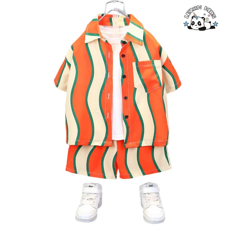 Child Clothes Irregular Stripe Shirt Short Set Casual Cotton Satin Factory OEM ODM Kids Clothing Boy Sets