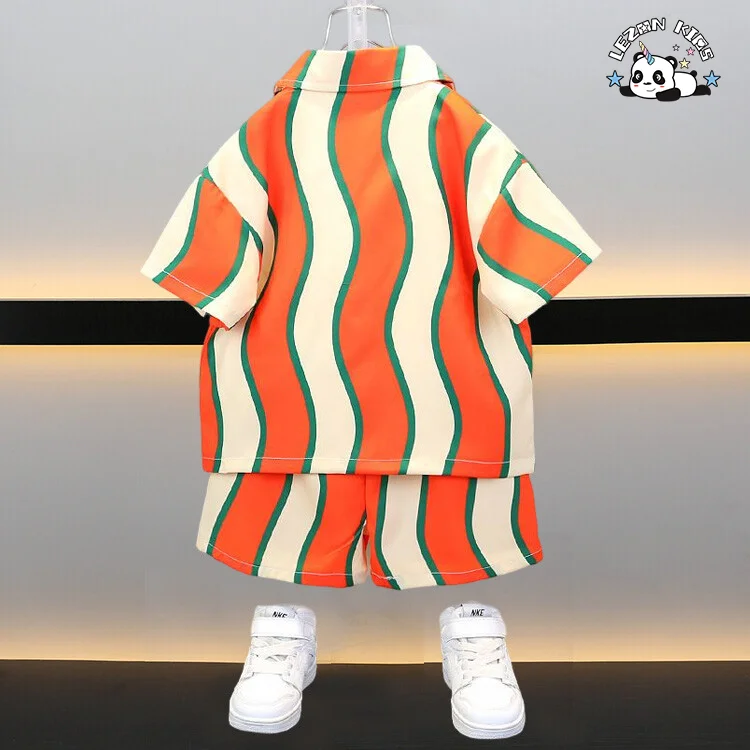 Child Clothes Irregular Stripe Shirt Short Set Casual Cotton Satin Factory OEM ODM Kids Clothing Boy Sets - Product Image