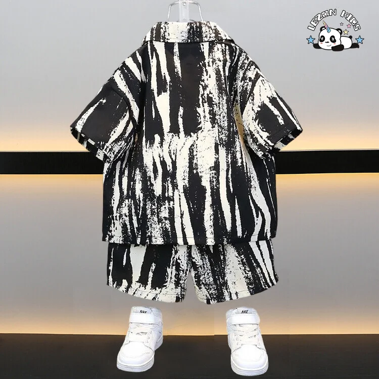 Child Clothes Irregular Stripe Shirt Short Set Casual Cotton Satin Factory OEM ODM Kids Clothing Boy Sets - Product Image