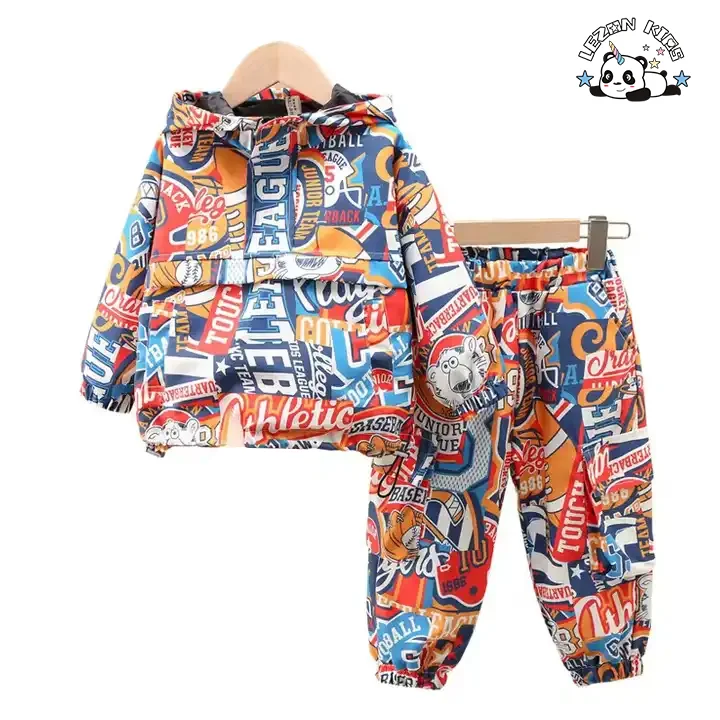 Children's Wear Boys 2023 New Cartoon Print Hooded Jacket Jogging Fashion Sport Boy 2 Piece Sets