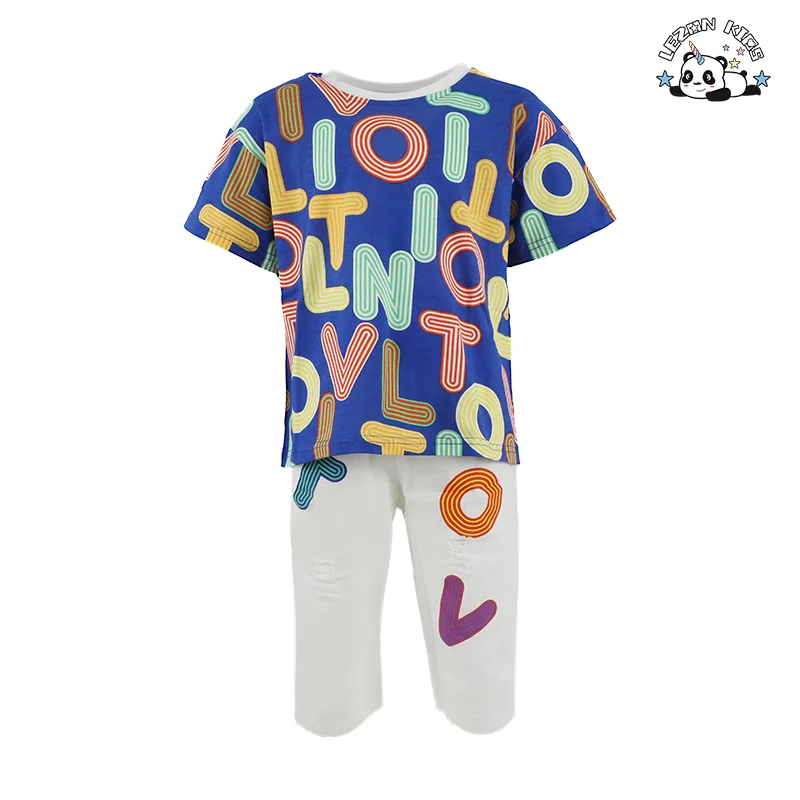 Custom Children Boys Smile Print T-shirt Denim Short Set Cute Boys Clothing Sets