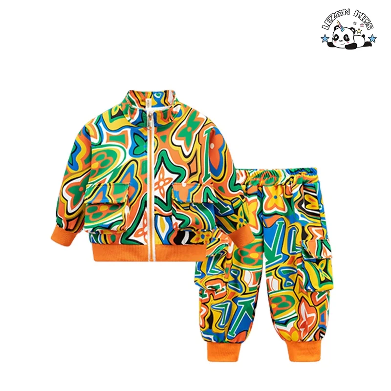 Custom Children Clothes Boys Graffiti Printed Zipper Clothing Set Sweatshirt and Pants Long Sleeve Baby Two Pieces Set