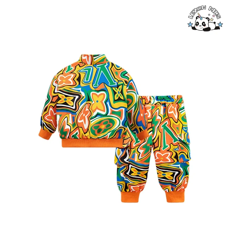 Custom Children Clothes Boys Graffiti Printed Zipper Clothing Set Sweatshirt and Pants Long Sleeve Baby Two Pieces Set - Product Image