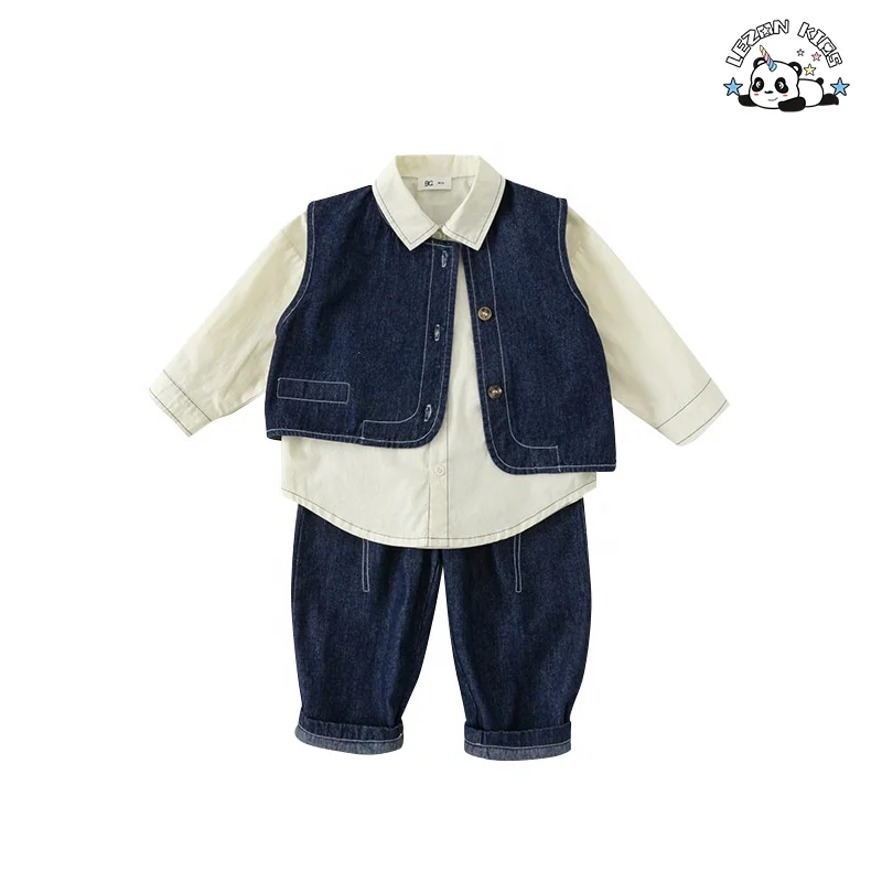 Custom Wholesale  Kids Clothing Boys' Denim Vest Three Piece Set Autumn Wear Jean Pants Set for Baby Boy