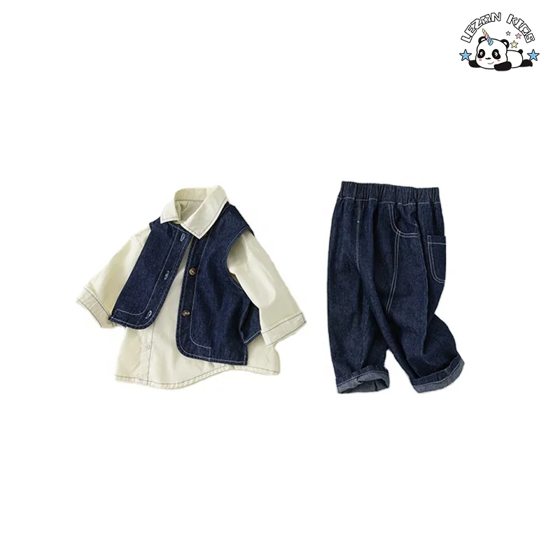 Custom Wholesale Kids Clothing Boys' Denim Vest Three Piece Set Autumn Wear Jean Pants Set for Baby Boy - Product Image