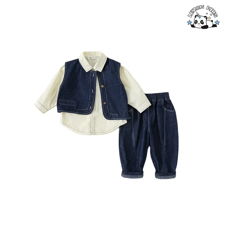 Custom Wholesale Kids Clothing Boys' Denim Vest Three Piece Set Autumn Wear Jean Pants Set for Baby Boy - Product Image