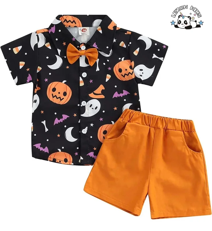 Customizable Boy's Short Sleeve Pumpkin Bow Tie T'shirt  Elastic Band Pants 2 Piece Holiday Style Sets for Kids