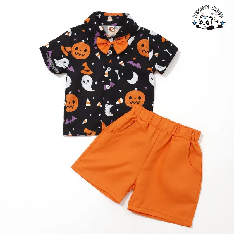 Customizable Boy's Short Sleeve Pumpkin Bow Tie T'shirt Elastic Band Pants 2 Piece Holiday Style Sets for Kids - Product Image