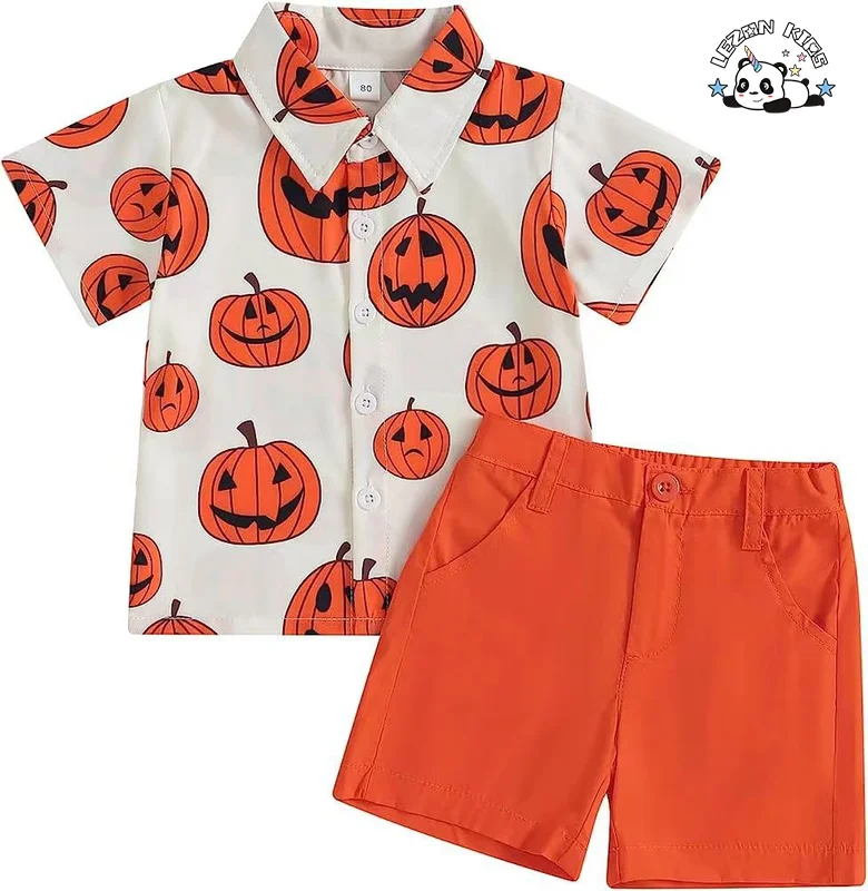 Customizable Boy's Short Sleeve Pumpkin Bow Tie T'shirt Elastic Band Pants 2 Piece Holiday Style Sets for Kids - Product Image