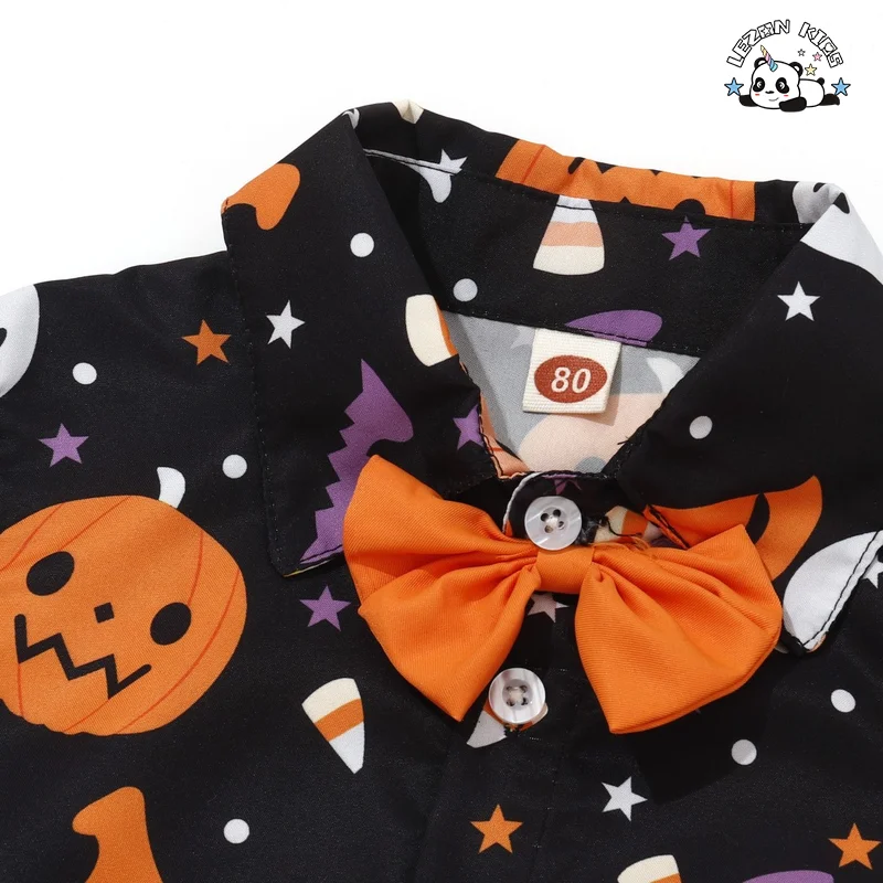 Customizable Boy's Short Sleeve Pumpkin Bow Tie T'shirt Elastic Band Pants 2 Piece Holiday Style Sets for Kids - Product Image