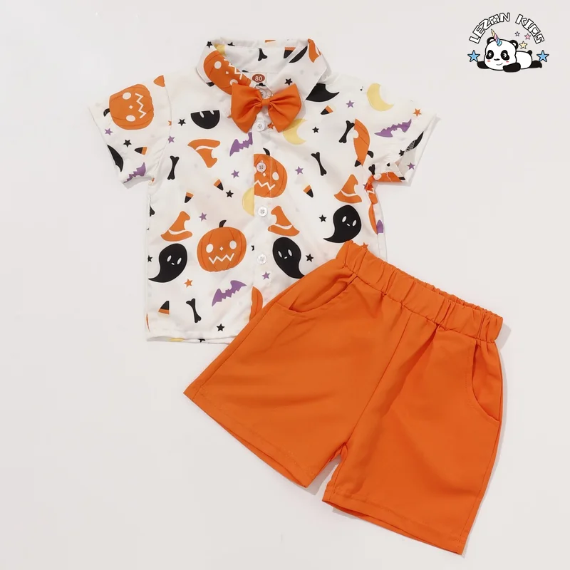 Customizable Boy's Short Sleeve Pumpkin Bow Tie T'shirt Elastic Band Pants 2 Piece Holiday Style Sets for Kids - Product Image