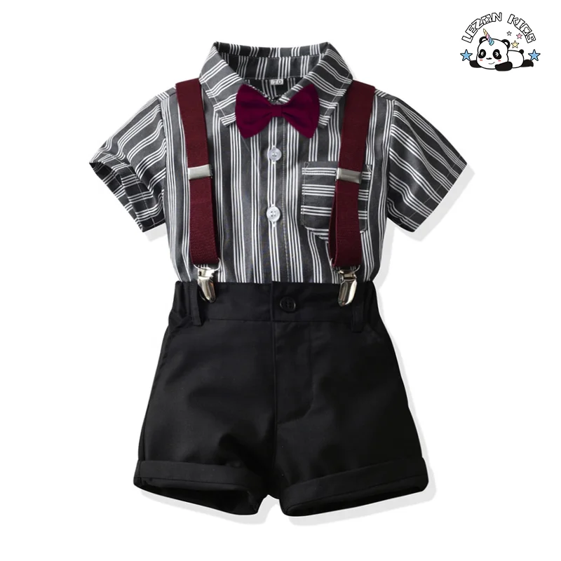 Customizable Children's Plaid Vest Dress Bow Knot Spring short Sleeve Cotton Shirt Boys clothing sets 2-14 years