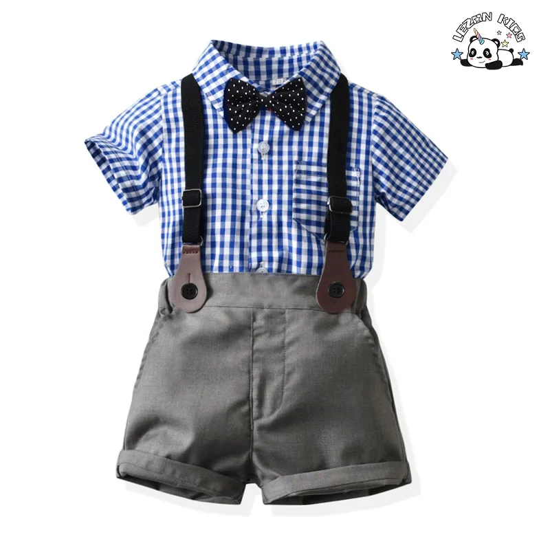 Customizable Children's Plaid Vest Dress Bow Knot Spring short Sleeve Cotton Shirt Boys clothing sets 2-14 years - Product Image