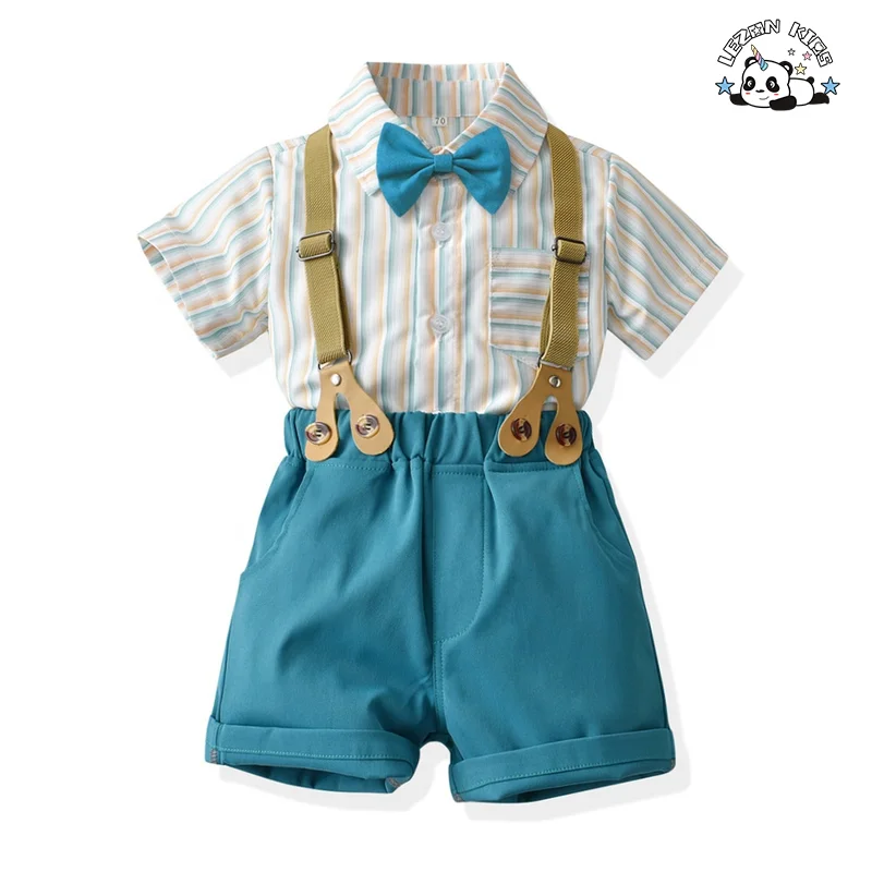 Customizable Children's Plaid Vest Dress Bow Knot Spring short Sleeve Cotton Shirt Boys clothing sets 2-14 years - Product Image