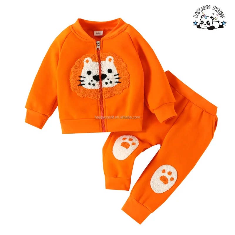 Customizable Cute Embroidery Zipper up Sweatshirt and Pants 2 Pcs Boys and Girls Clothing Sets for Autumn