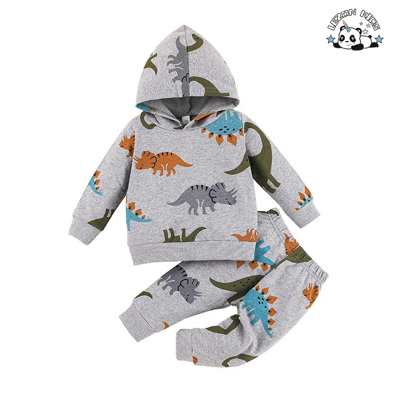 Customizable Dinosaur Cartoon Printed Long Sleeve Pullover Hoodies Two Pieces Baby Boy Clothing Set in Autumn