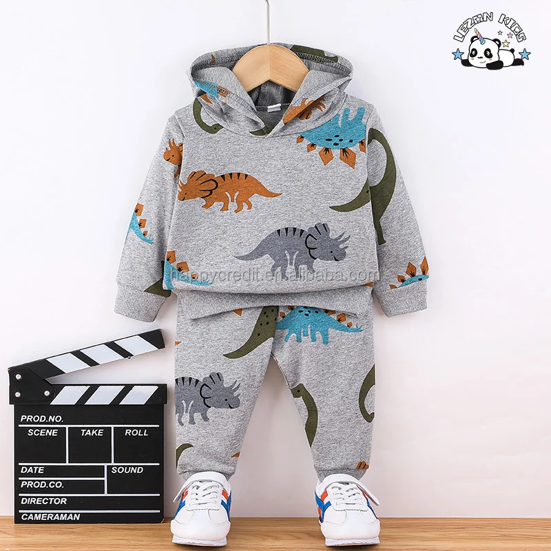 Customizable Dinosaur Cartoon Printed Long Sleeve Pullover Hoodies Two Pieces Baby Boy Clothing Set in Autumn - Product Image