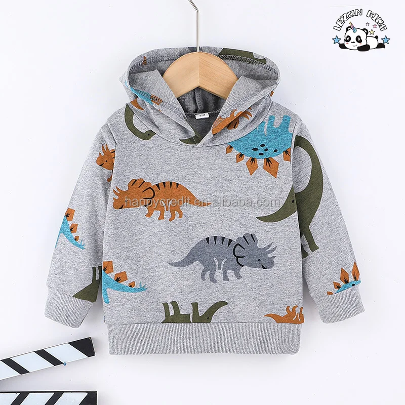 Customizable Dinosaur Cartoon Printed Long Sleeve Pullover Hoodies Two Pieces Baby Boy Clothing Set in Autumn - Product Image