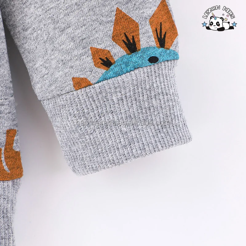 Customizable Dinosaur Cartoon Printed Long Sleeve Pullover Hoodies Two Pieces Baby Boy Clothing Set in Autumn - Product Image
