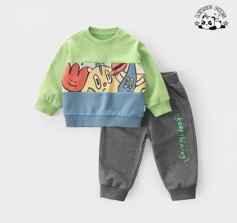 Customizable Fashion 100% Cotton Cute Printed 2pcs Spring Little Boys' Clothing Set 2-14 Years - Product Image