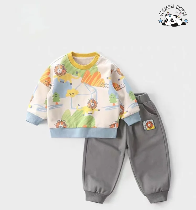 Customizable Fashion 100% Cotton Cute Printed 2pcs Spring Little Boys' Clothing Set 2-14 Years - Product Image
