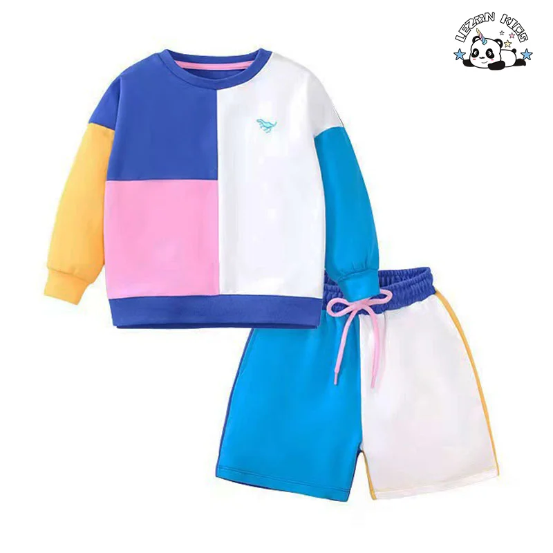 Customizable High Street 2PCS Boys' Clothing Block Color Sweatshirt Shorts Boy Clothing Sets