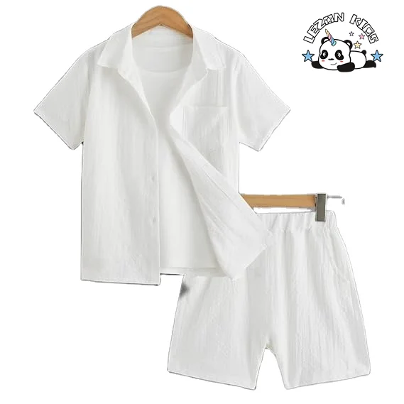 Customizable Hot Sale 2 Piece Outfit Button Down Shirt and Elastic Waist Boys Short Sets