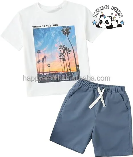 Customizable Hot Sale 2 Piece Sets Cartoon Print Round Neck Short Sleeve Tee Shirts Plaid Shorts for Boys