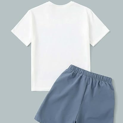 Customizable Hot Sale 2 Piece Sets Cartoon Print Round Neck Short Sleeve Tee Shirts Plaid Shorts for Boys - Product Image