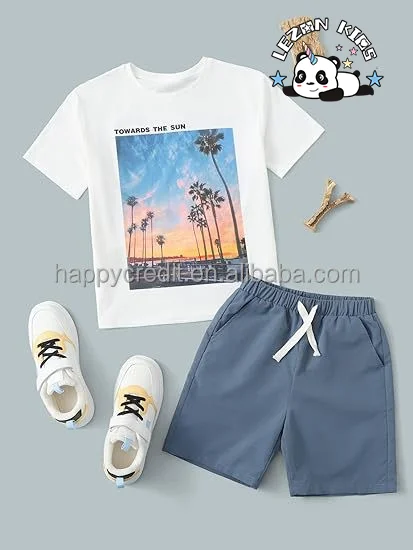 Customizable Hot Sale 2 Piece Sets Cartoon Print Round Neck Short Sleeve Tee Shirts Plaid Shorts for Boys - Product Image