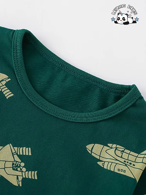 Customizable Kids Street Wear 2PCS Green Spaceship Rocket Printed T Shirt Kids Clothing Boys Sets - Product Image