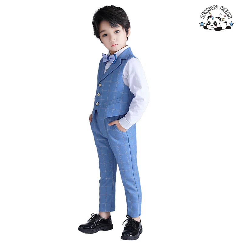 Conjunto de Terno de Três Peças Xadrez Azul Claro Personalizável para Meninos, Roupas Formais de Algodão para Crianças, Outono, Casamentos - Inclui Colete e Casaco