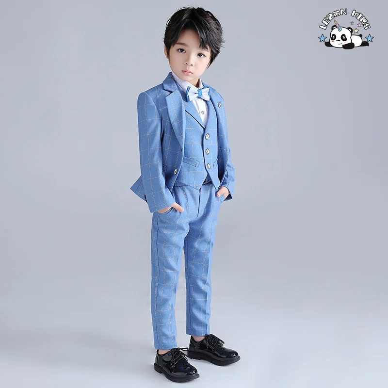 Conjunto de Terno de Três Peças Xadrez Azul Claro Personalizável para Meninos, Roupas Formais de Algodão para Crianças, Outono, Casamentos - Inclui Colete e Casaco - Product Image
