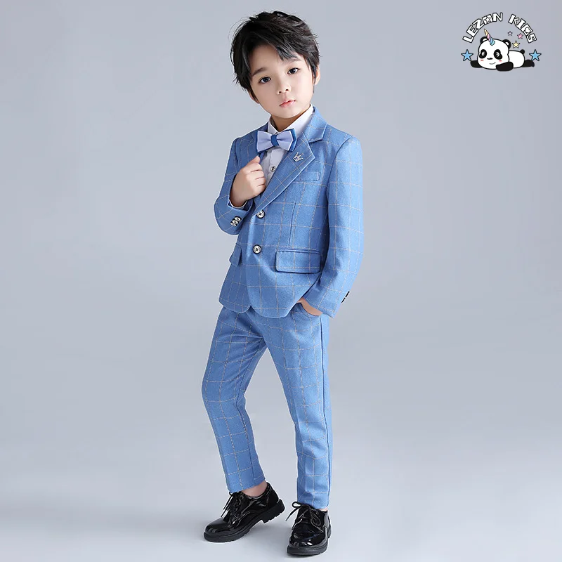 Conjunto de Terno de Três Peças Xadrez Azul Claro Personalizável para Meninos, Roupas Formais de Algodão para Crianças, Outono, Casamentos - Inclui Colete e Casaco - Product Image