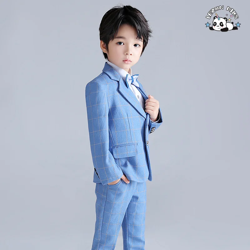 Conjunto de Terno de Três Peças Xadrez Azul Claro Personalizável para Meninos, Roupas Formais de Algodão para Crianças, Outono, Casamentos - Inclui Colete e Casaco - Product Image