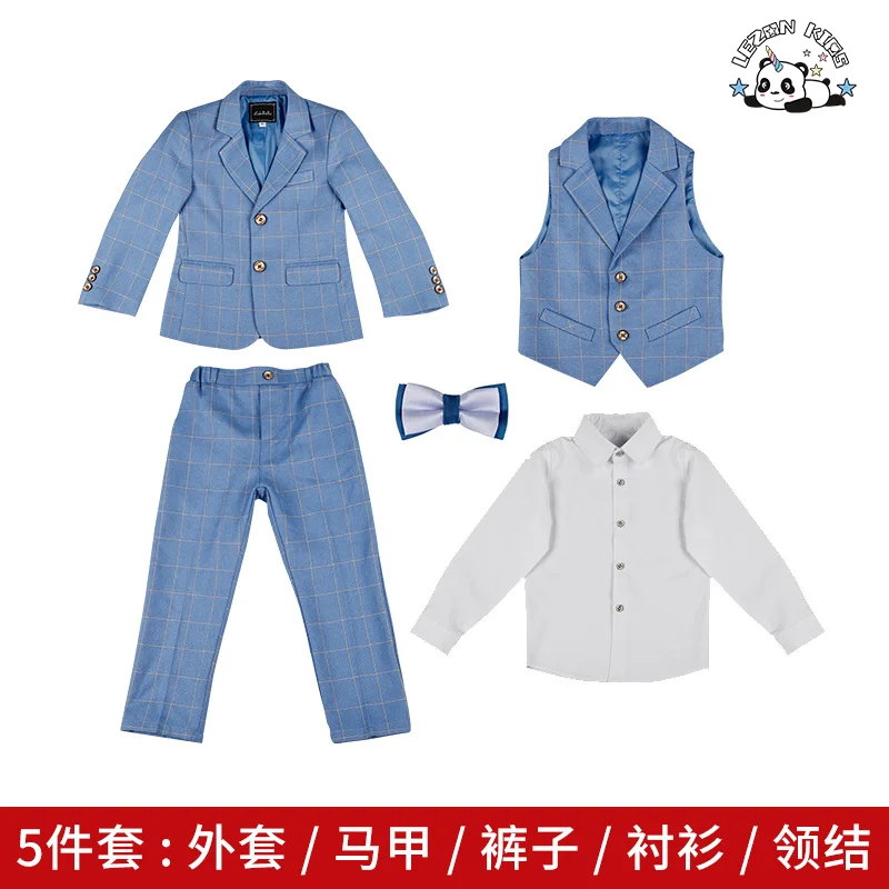 Conjunto de Terno de Três Peças Xadrez Azul Claro Personalizável para Meninos, Roupas Formais de Algodão para Crianças, Outono, Casamentos - Inclui Colete e Casaco - Product Image