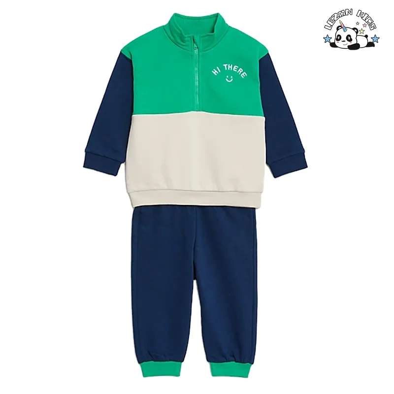 Customizable New Fashion Boys Outfits Color Block Long Sleeves Zipper Sweatshirt Boys' Clothing Set