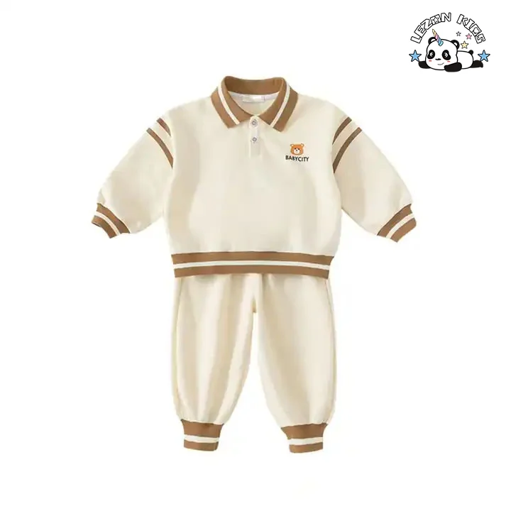 Customizable New Fashion Spring Sport Casual Button Cute Bear Printed Boys Clothing Sets for 2-14 Years