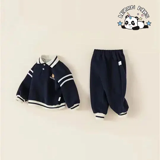 Customizable New Fashion Spring Sport Casual Button Cute Bear Printed Boys Clothing Sets for 2-14 Years - Product Image
