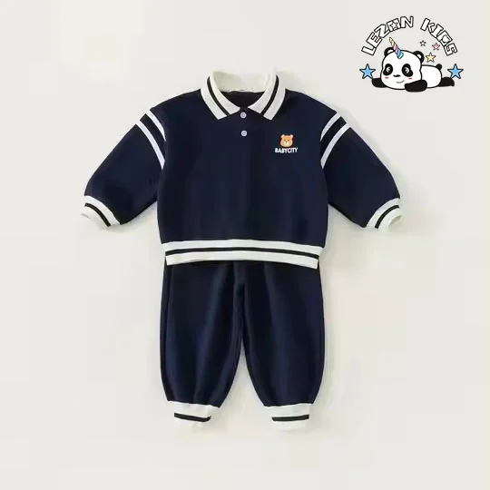 Customizable New Fashion Spring Sport Casual Button Cute Bear Printed Boys Clothing Sets for 2-14 Years - Product Image