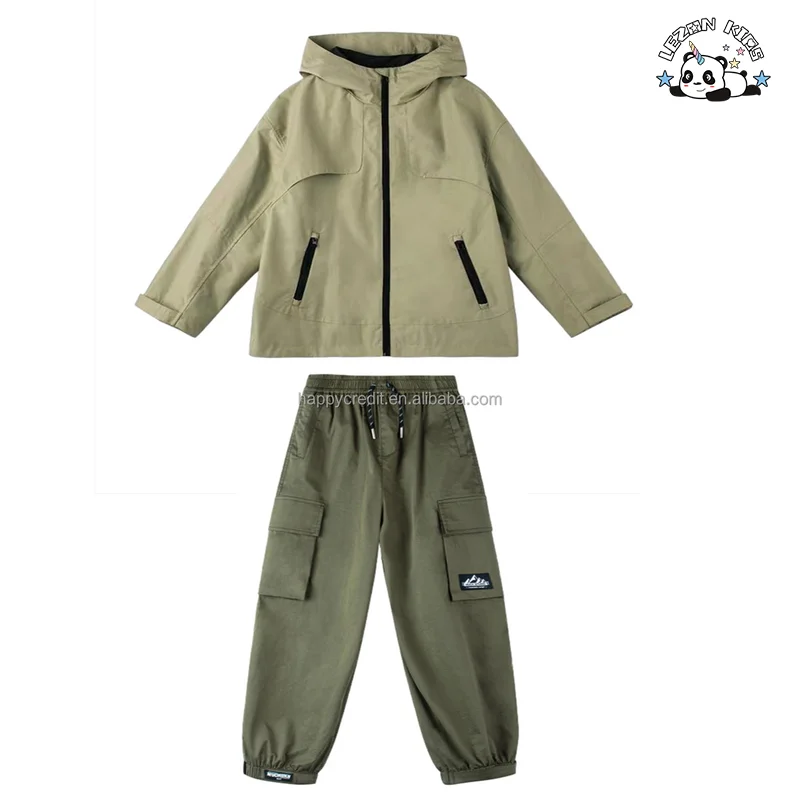 Customizable Stylish Kids Camping Two Piece Hooded Jacket Set Children Boys Outdoor Wear Clothing Set