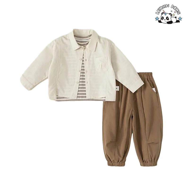 Customizable Stylish Long Sleeve Solid Shirt Jacket and Pants Two Pieces Boys Clothing Sets 2-14 Years - Product Image