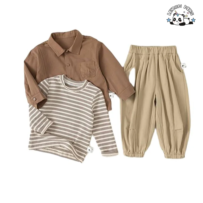 Customizable Stylish Long Sleeve Solid Shirt Jacket and Pants Two Pieces Boys Clothing Sets 2-14 Years - Product Image